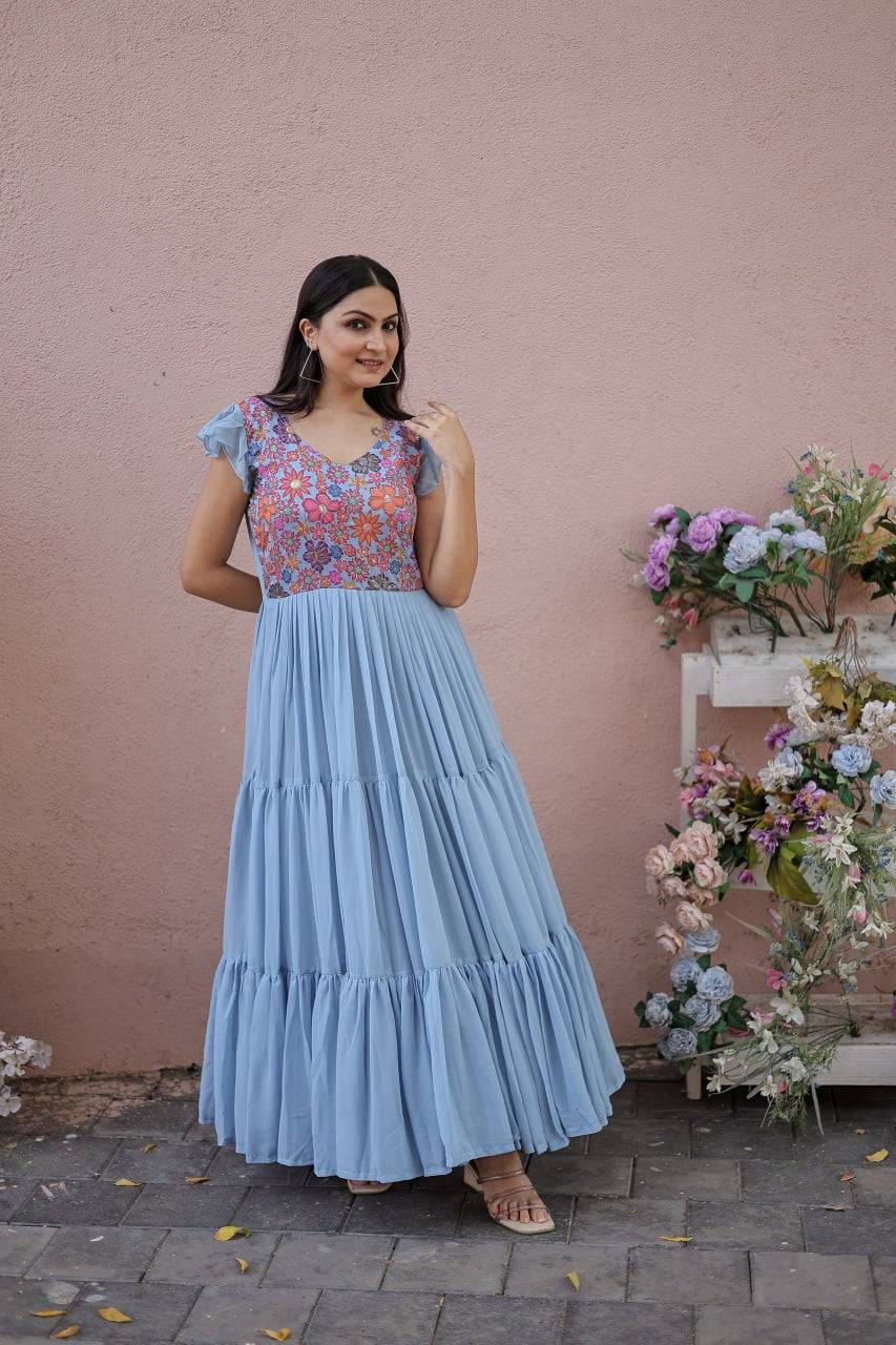 Timeless Rich Floral Position Printed Faux Georgette Gown - Ethnicwish