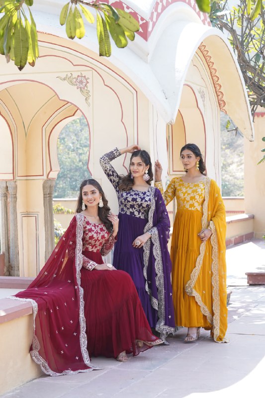 Enticing Faux Georgette Sequins Embroidered Festive Wear Gown - Ethnicwish