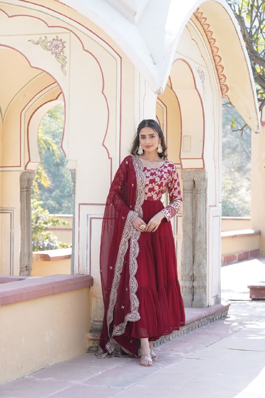 Enticing Faux Georgette Sequins Embroidered Festive Wear Gown - Ethnicwish
