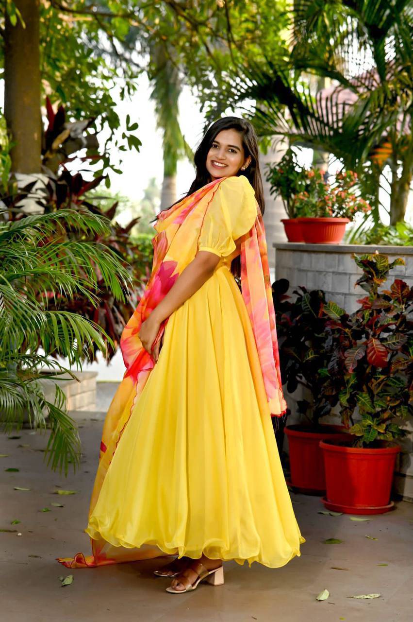 Spectacular Tabby Silk Fully Stitched Flairy Gown With Dupatta - Ethnicwish