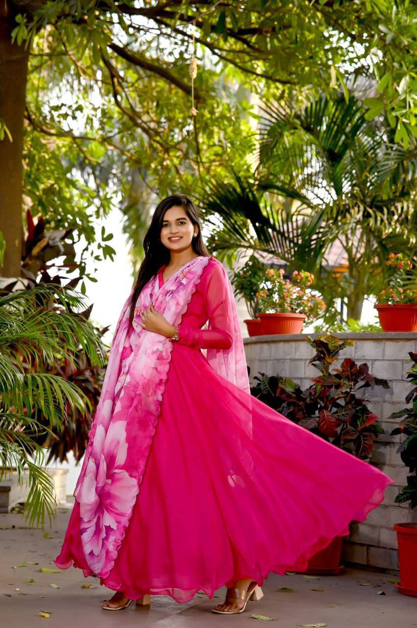 Spectacular Tabby Silk Fully Stitched Flairy Gown With Dupatta - Ethnicwish