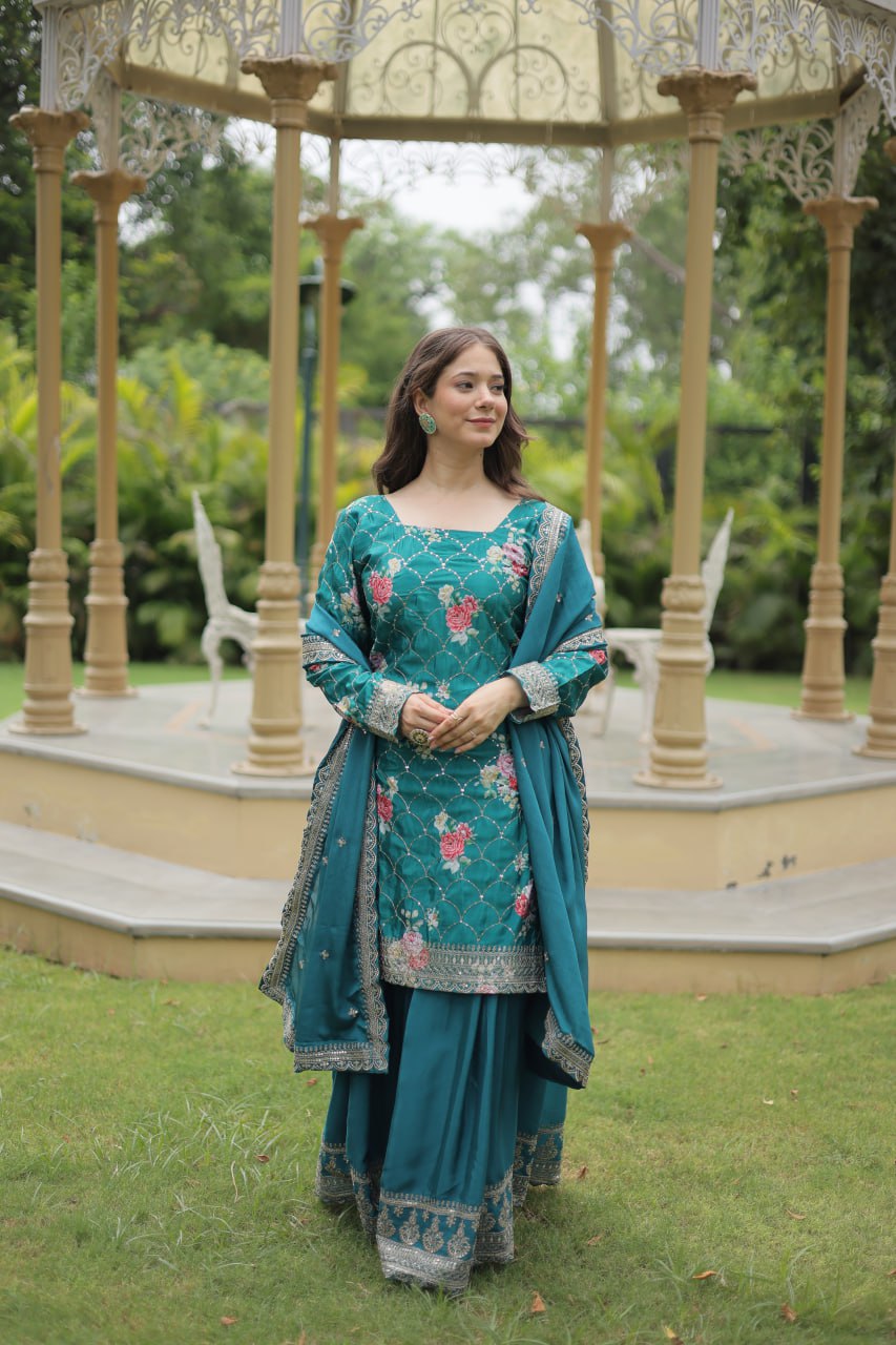 Lovely Chinon Printed Sequins Thread Worked Top Palazzo Suit - Ethnicwish
