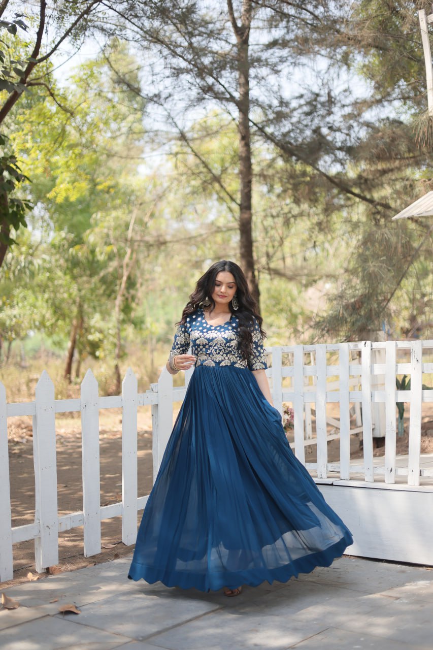 Lovely Faux Georgette Zari Sequins Worked Designer Gown - Ethnicwish
