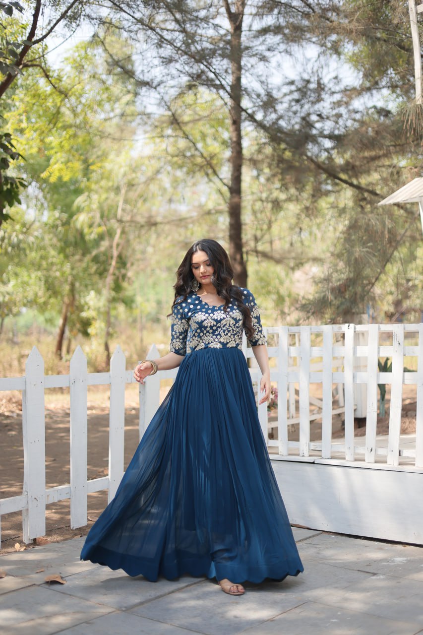 Lovely Faux Georgette Zari Sequins Worked Designer Gown - Ethnicwish