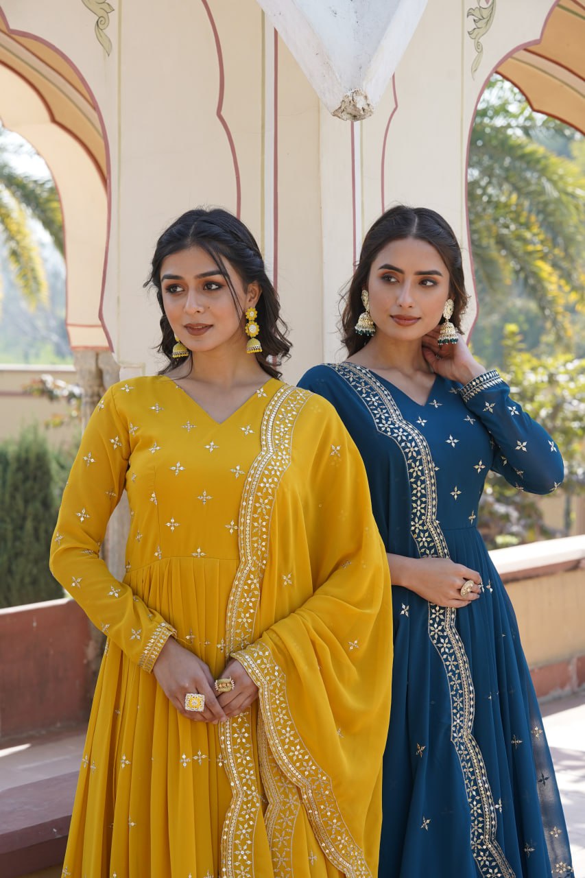 Gorgeous Faux Georgette Zari Sequins Worked Festive Wear Gown - Ethnicwish