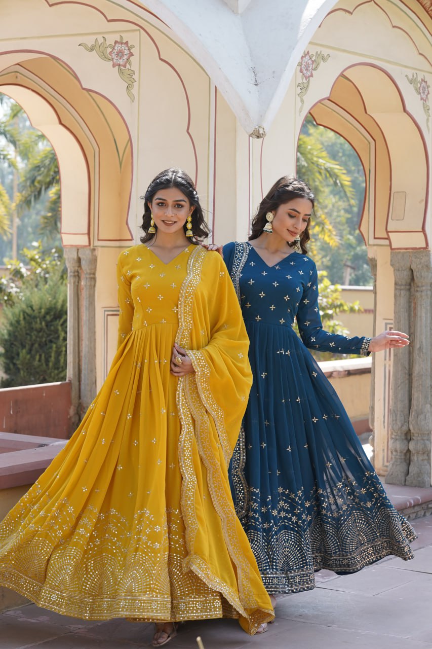 Gorgeous Faux Georgette Zari Sequins Worked Festive Wear Gown - Ethnicwish
