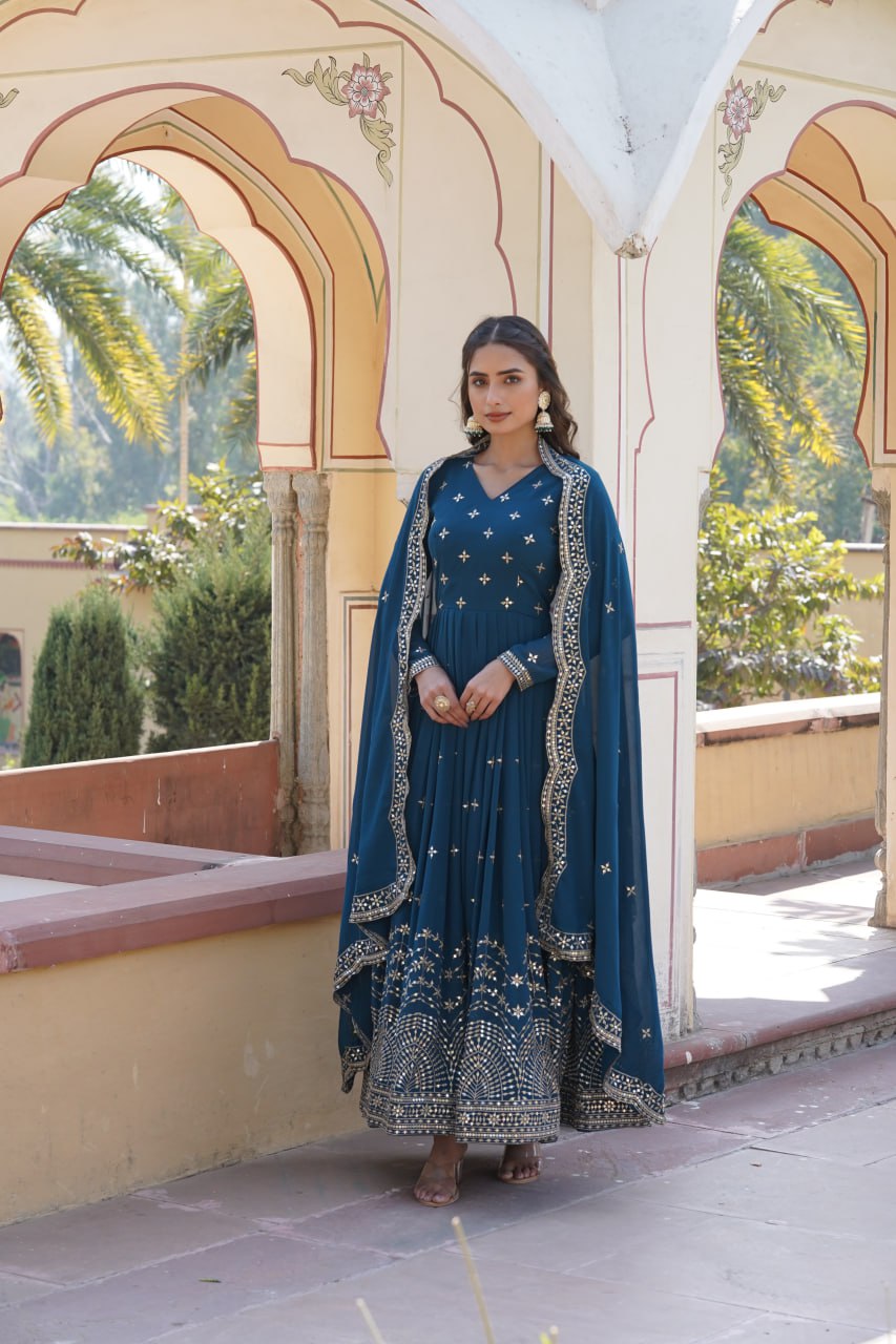 Gorgeous Faux Georgette Zari Sequins Worked Festive Wear Gown - Ethnicwish