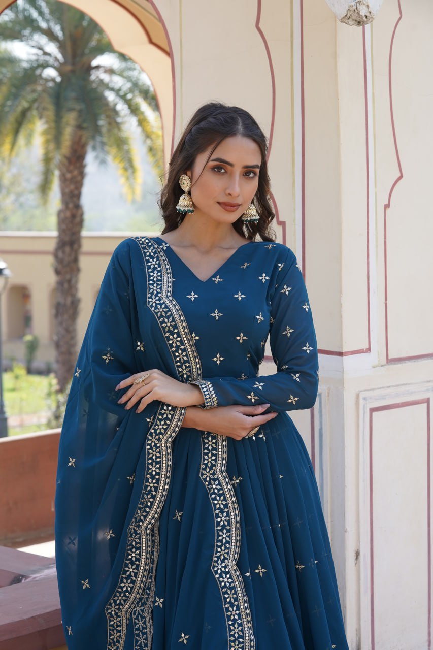 Gorgeous Faux Georgette Zari Sequins Worked Festive Wear Gown - Ethnicwish
