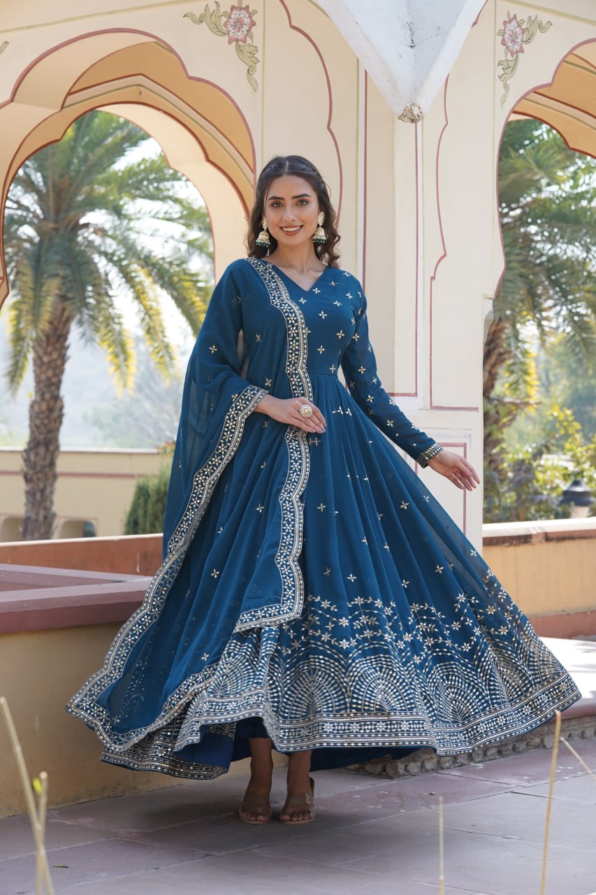 Gorgeous Faux Georgette Zari Sequins Worked Festive Wear Gown - Ethnicwish