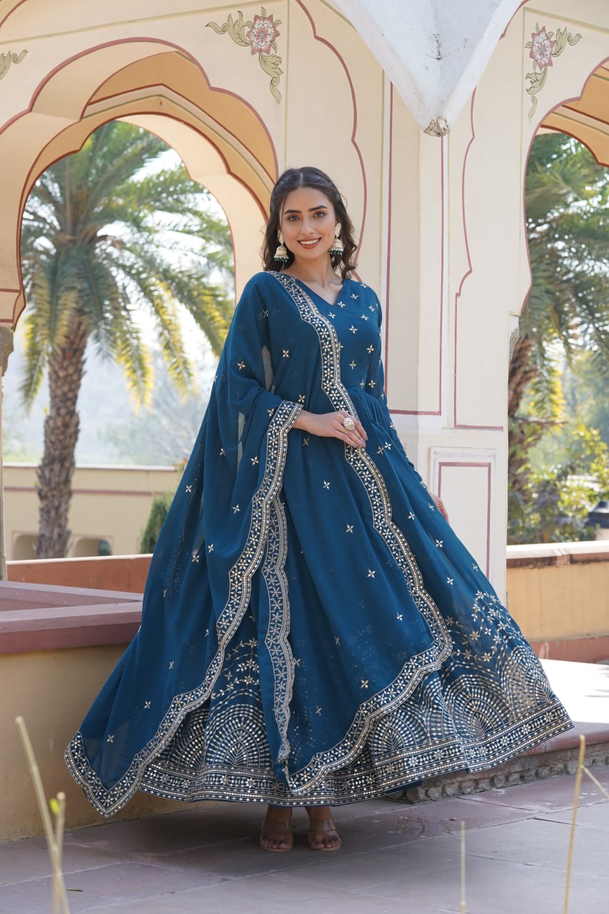 Gorgeous Faux Georgette Zari Sequins Worked Festive Wear Gown - Ethnicwish