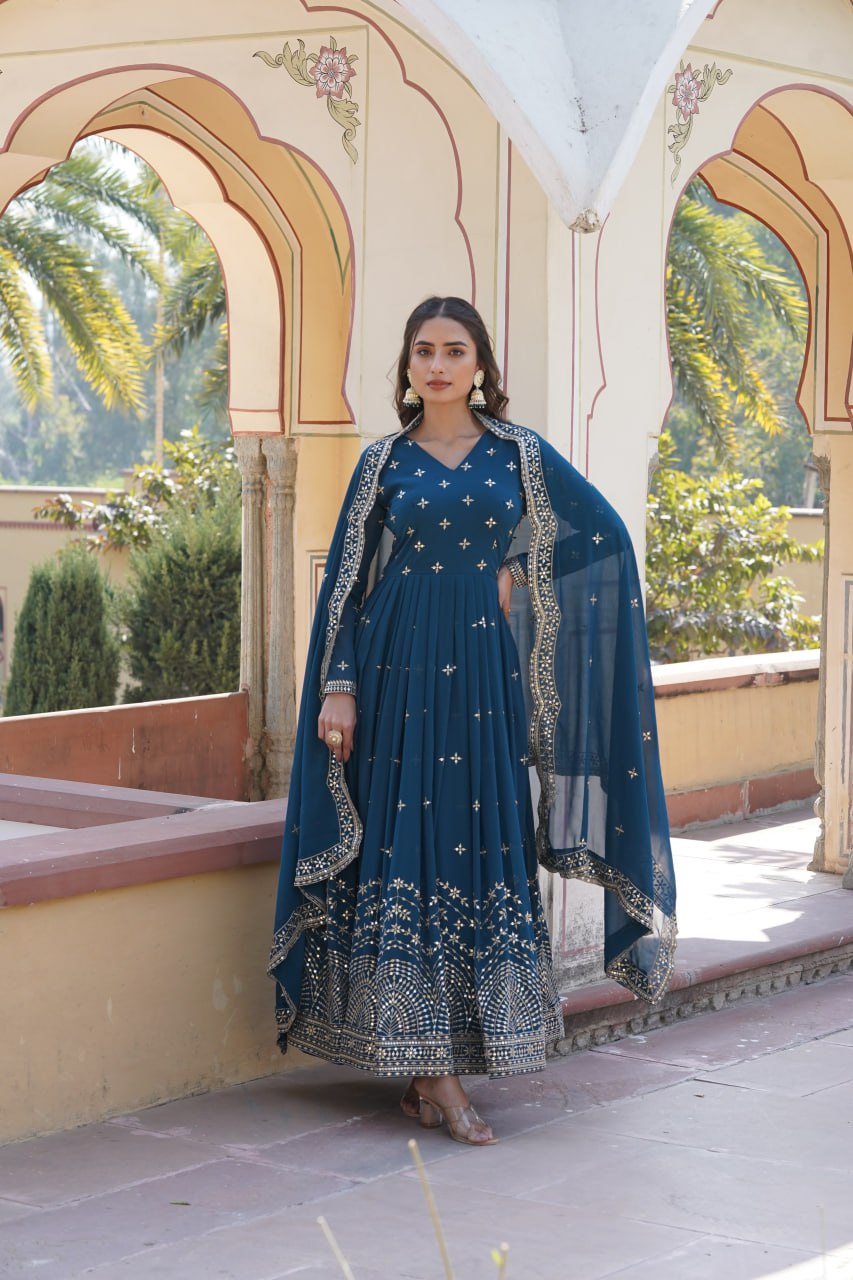 Gorgeous Faux Georgette Zari Sequins Worked Festive Wear Gown - Ethnicwish