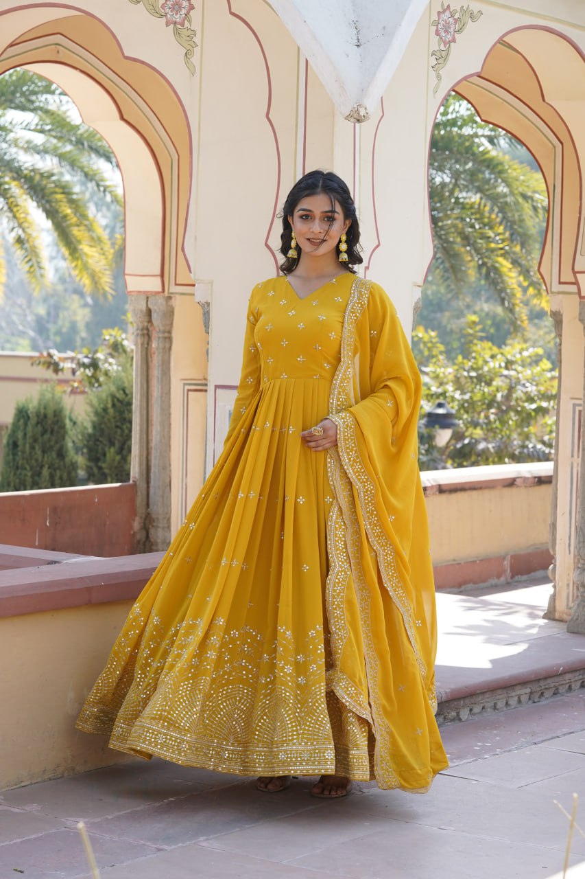 Gorgeous Faux Georgette Zari Sequins Worked Festive Wear Gown - Ethnicwish
