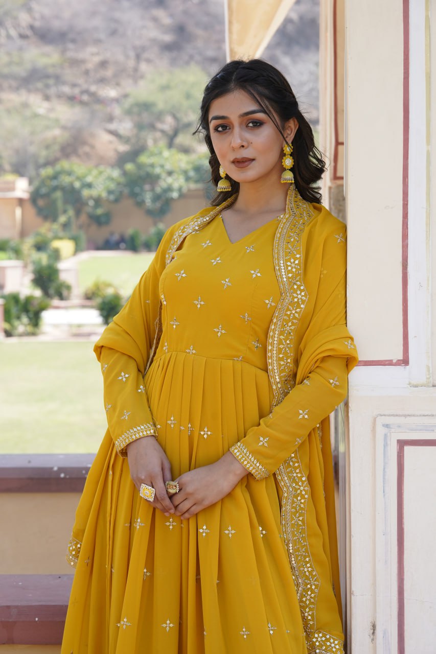 Gorgeous Faux Georgette Zari Sequins Worked Festive Wear Gown - Ethnicwish