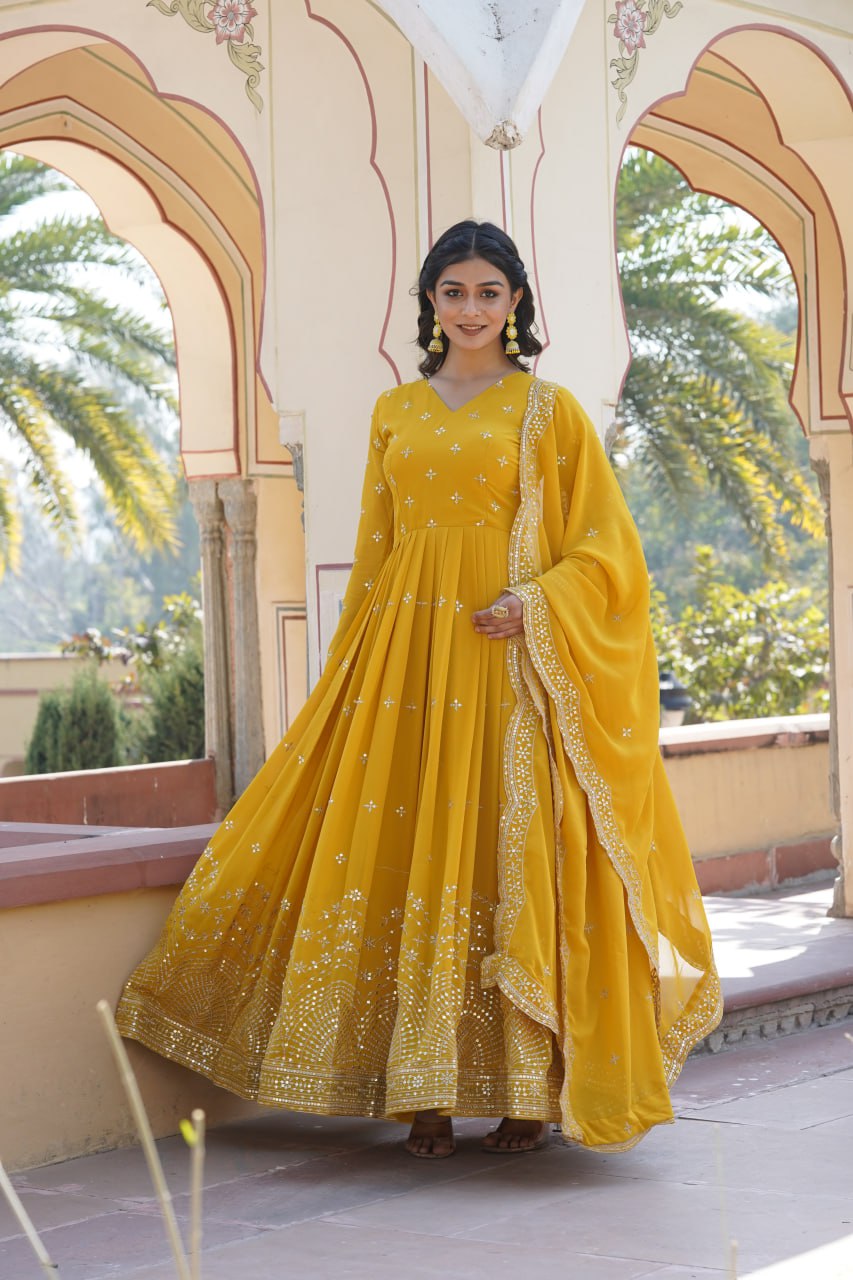 Gorgeous Faux Georgette Zari Sequins Worked Festive Wear Gown - Ethnicwish