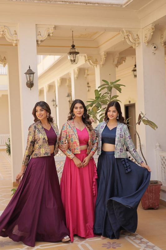 Stylish Chinon Fully Stitched Designer Lehenga Choli Koti Set - Ethnicwish