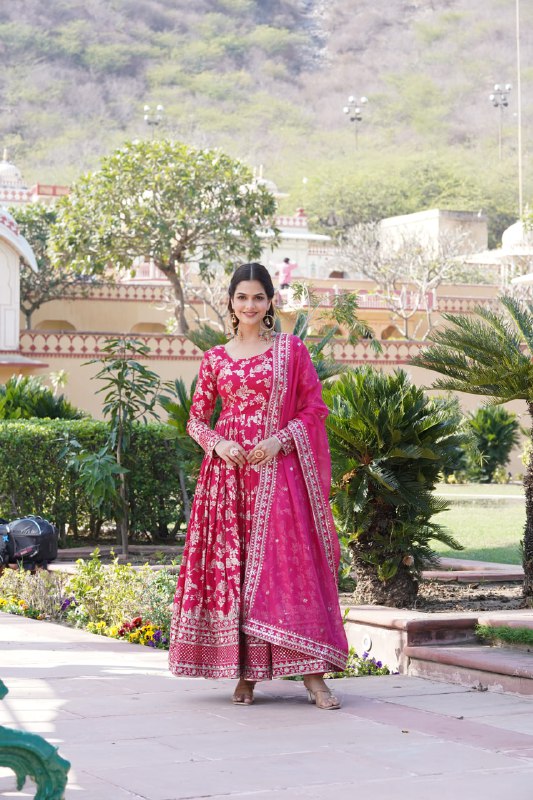 Stunning Viscous Jacquard Sequins Embroidered Designer Gown With Dupatta - Ethnicwish