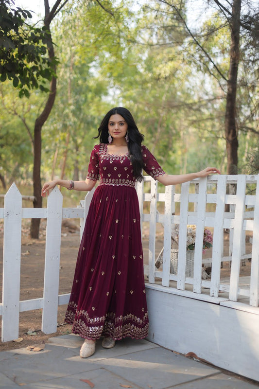 Dashing Faux Georgette Zari Sequins Worked Designer Gown - Ethnicwish