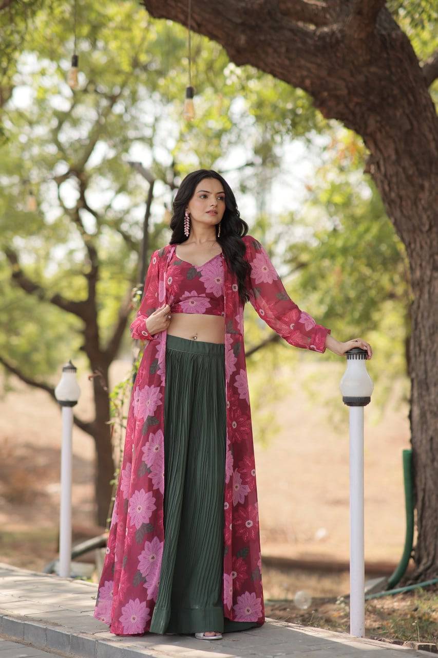 Alluring Faux Georgette Floral Printed Blouse Lehenga Shrug Set - Ethnicwish