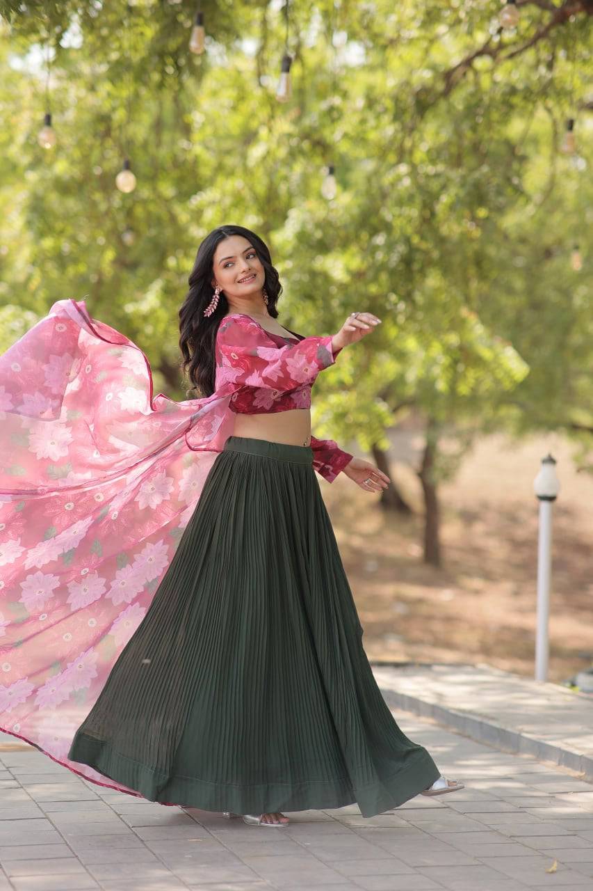 Alluring Faux Georgette Floral Printed Blouse Lehenga Shrug Set - Ethnicwish