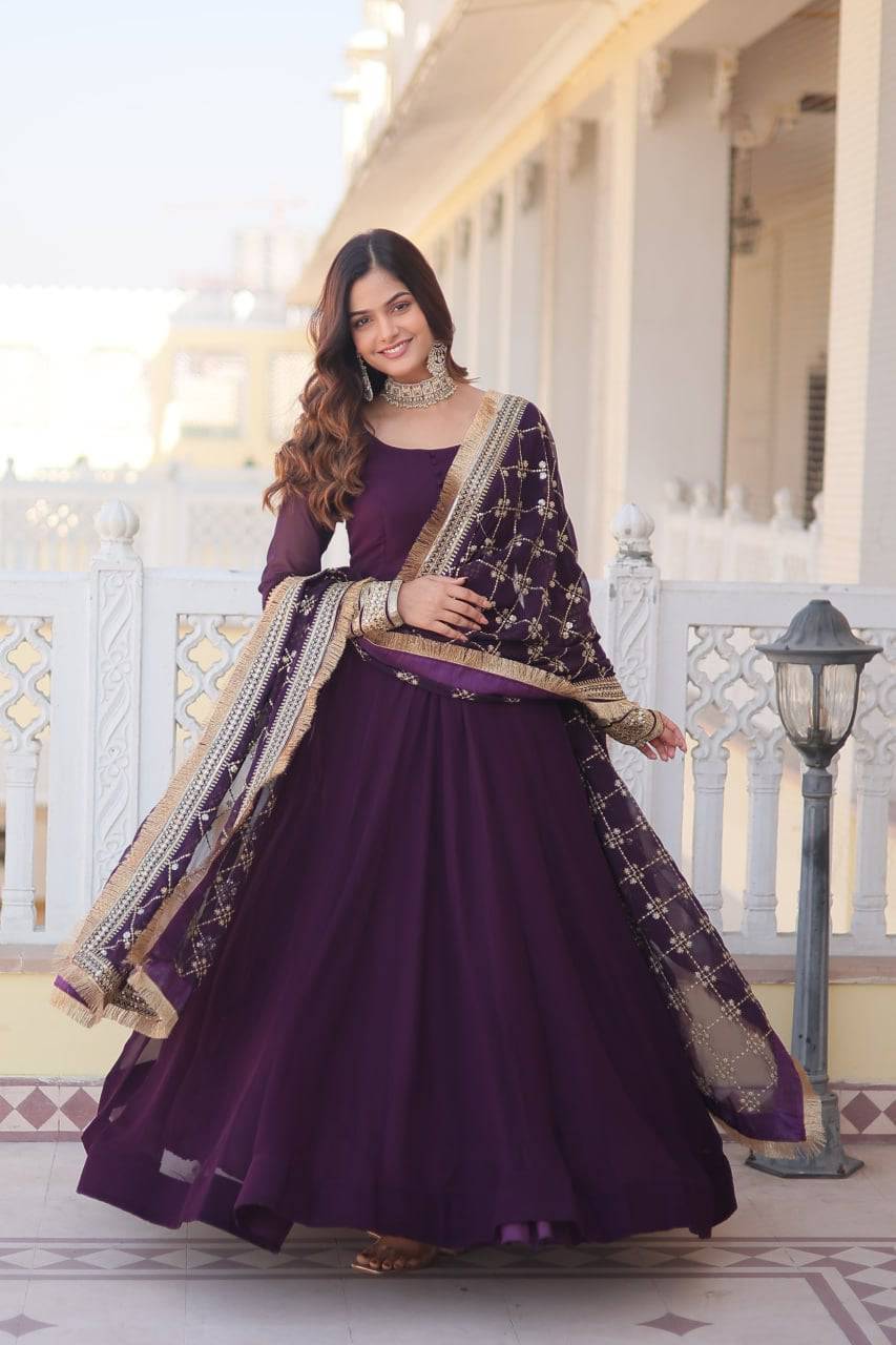 Intriguing Faux Georgette Sequins Embroidered Gown With Dupatta - Ethnicwish
