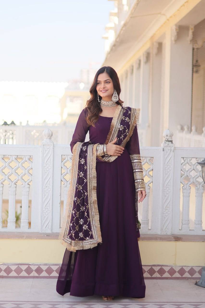 Intriguing Faux Georgette Sequins Embroidered Gown With Dupatta - Ethnicwish