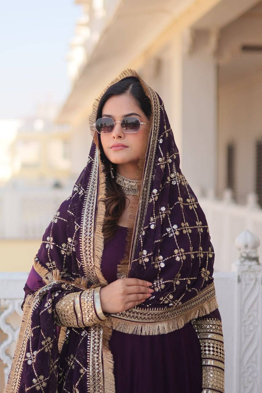 Intriguing Faux Georgette Sequins Embroidered Gown With Dupatta - Ethnicwish