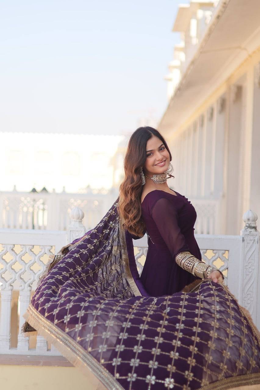 Intriguing Faux Georgette Sequins Embroidered Gown With Dupatta - Ethnicwish