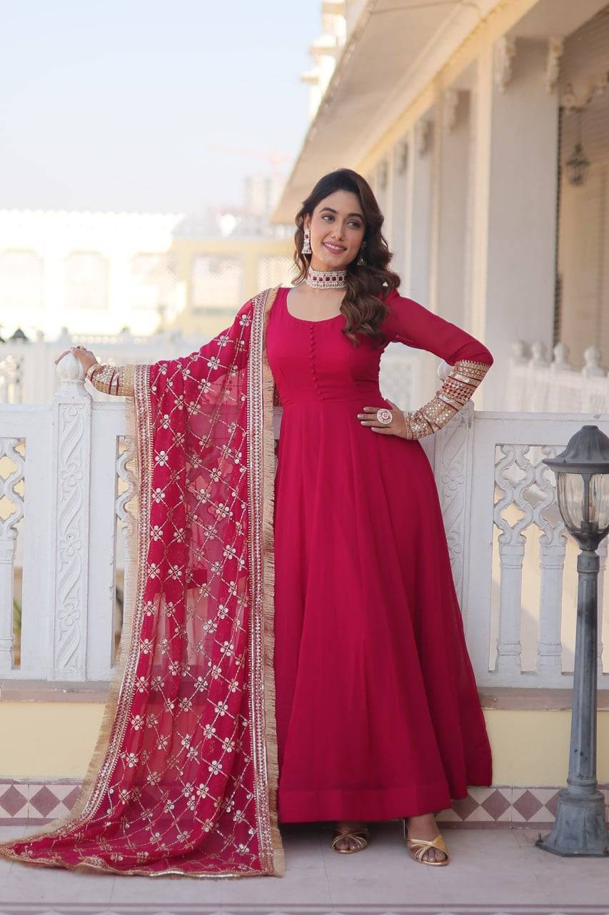 Intriguing Faux Georgette Sequins Embroidered Gown With Dupatta - Ethnicwish