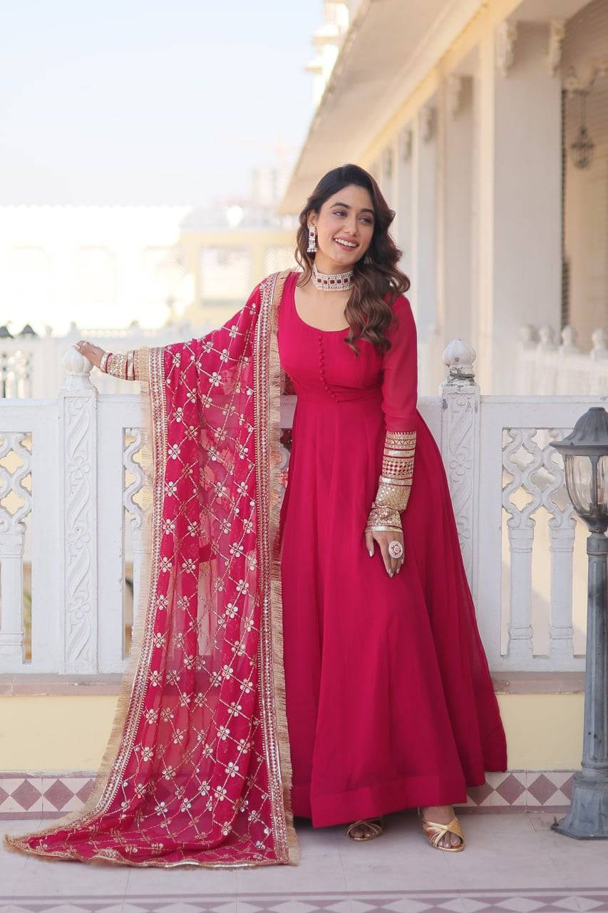 Intriguing Faux Georgette Sequins Embroidered Gown With Dupatta - Ethnicwish
