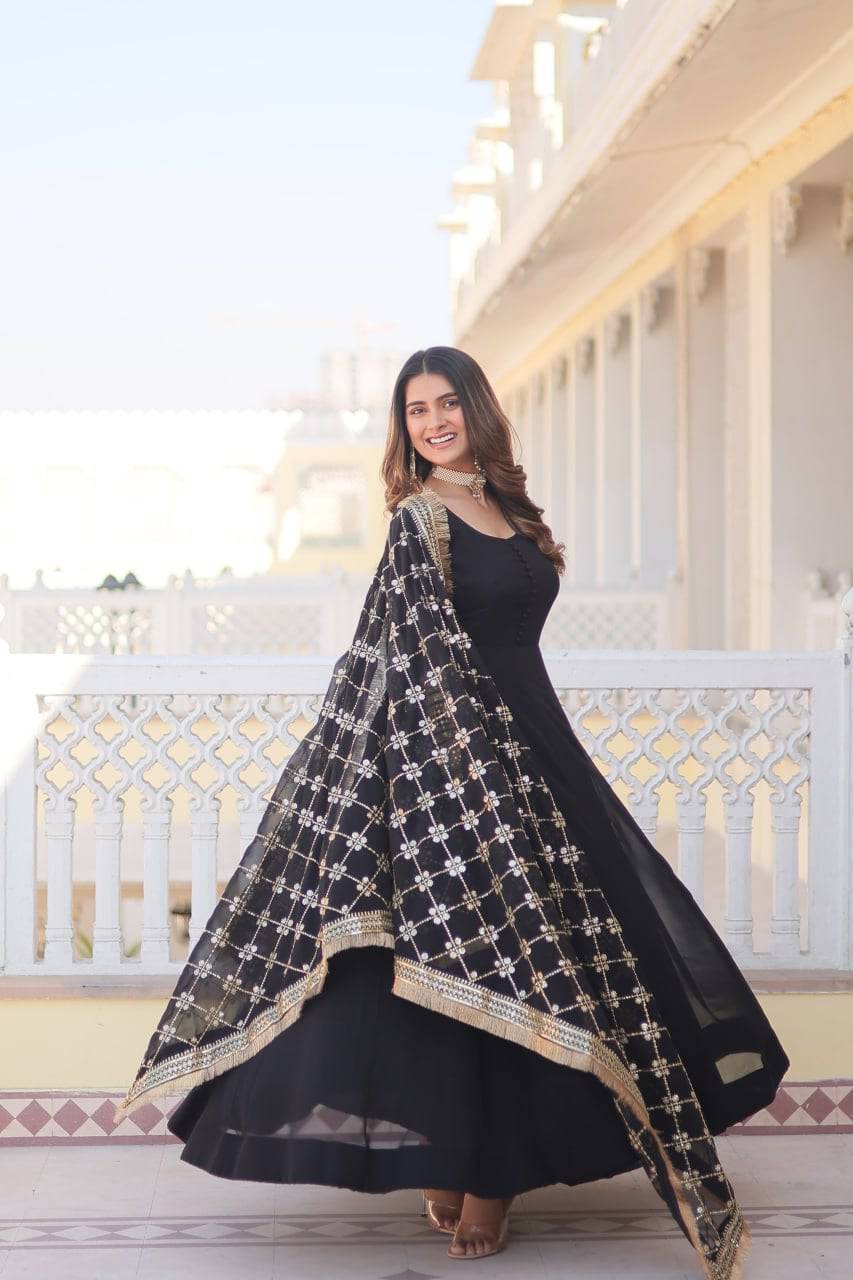 Intriguing Faux Georgette Sequins Embroidered Gown With Dupatta - Ethnicwish