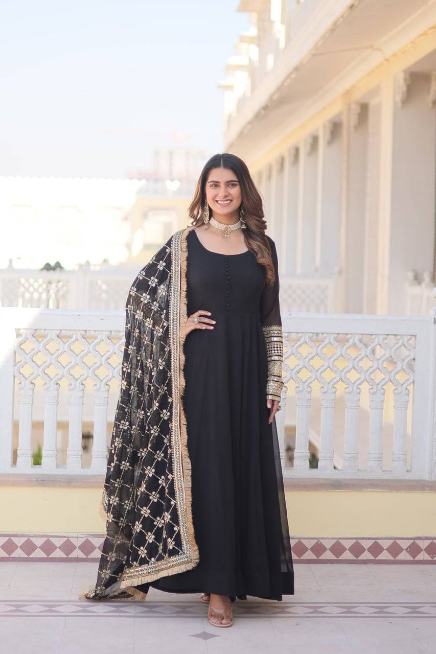 Intriguing Faux Georgette Sequins Embroidered Gown With Dupatta - Ethnicwish