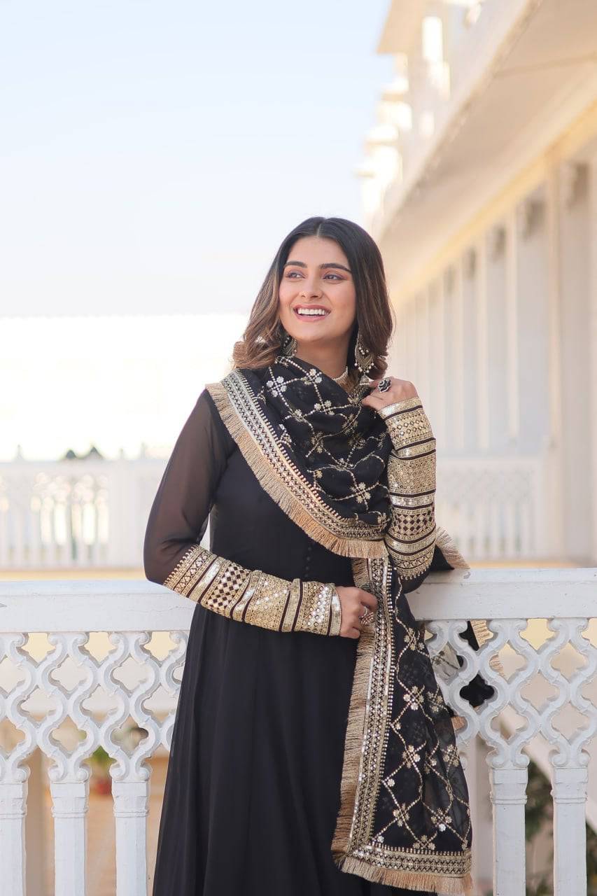 Intriguing Faux Georgette Sequins Embroidered Gown With Dupatta - Ethnicwish