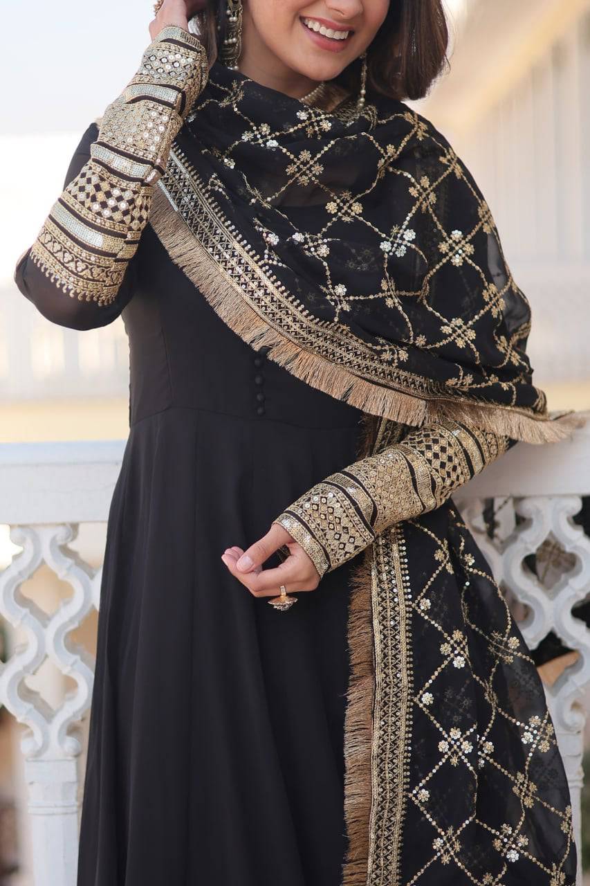 Intriguing Faux Georgette Sequins Embroidered Gown With Dupatta - Ethnicwish