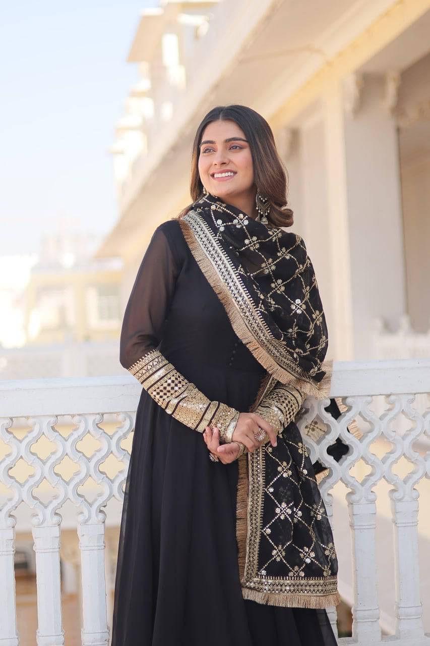 Intriguing Faux Georgette Sequins Embroidered Gown With Dupatta - Ethnicwish