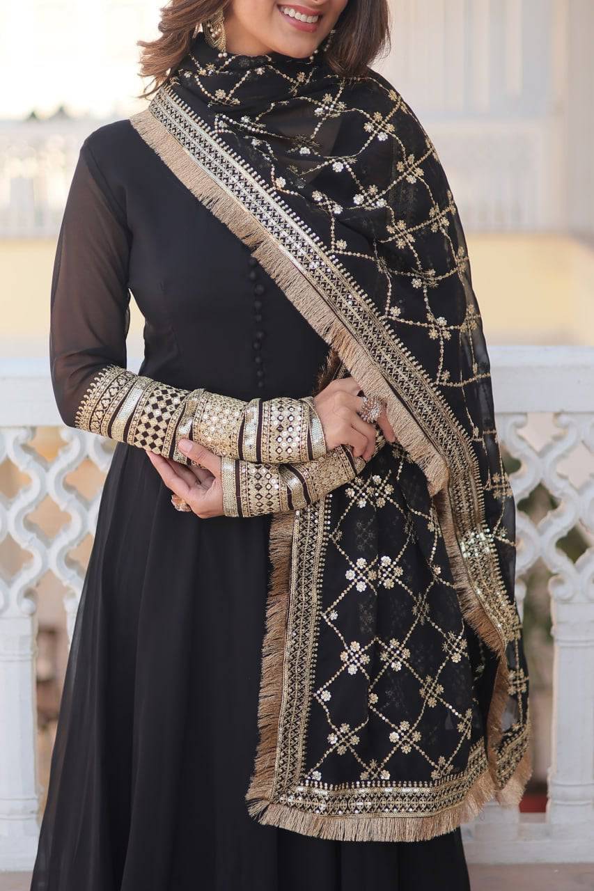 Intriguing Faux Georgette Sequins Embroidered Gown With Dupatta - Ethnicwish