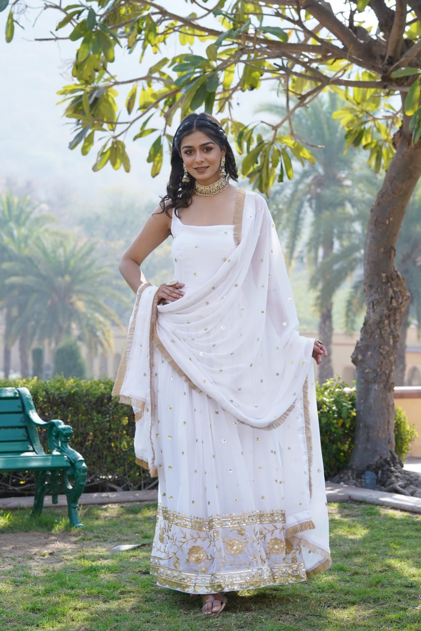 Lovely Faux Georgette Sequins Embroidered Gown With Dupatta - Ethnicwish