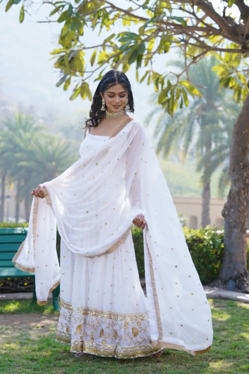 Lovely Faux Georgette Sequins Embroidered Gown With Dupatta - Ethnicwish