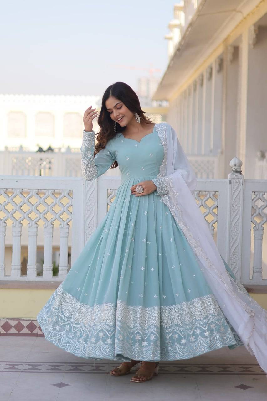 Spellbinding Sky Blue Faux Georgette Thread Sequins Worked Gown - Ethnicwish