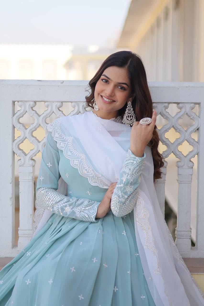 Spellbinding Sky Blue Faux Georgette Thread Sequins Worked Gown - Ethnicwish