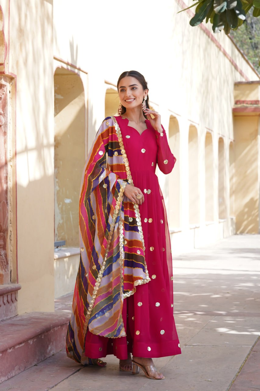 Charming Faux Georgette Zari Thread Sequins Worked Gown - Ethnicwish