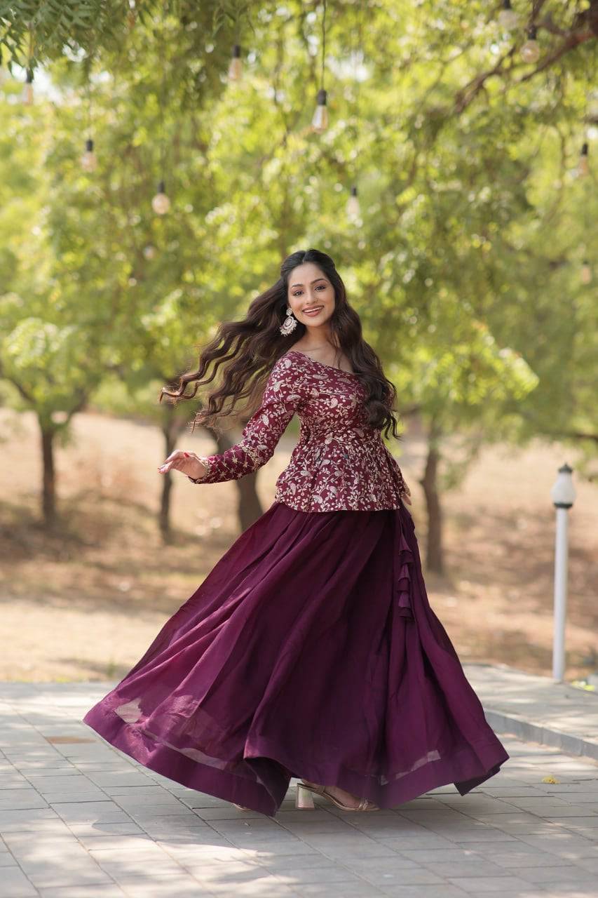 Alluring Sequins Embroidered Fully Stitched Top Lehenga Set - Ethnicwish