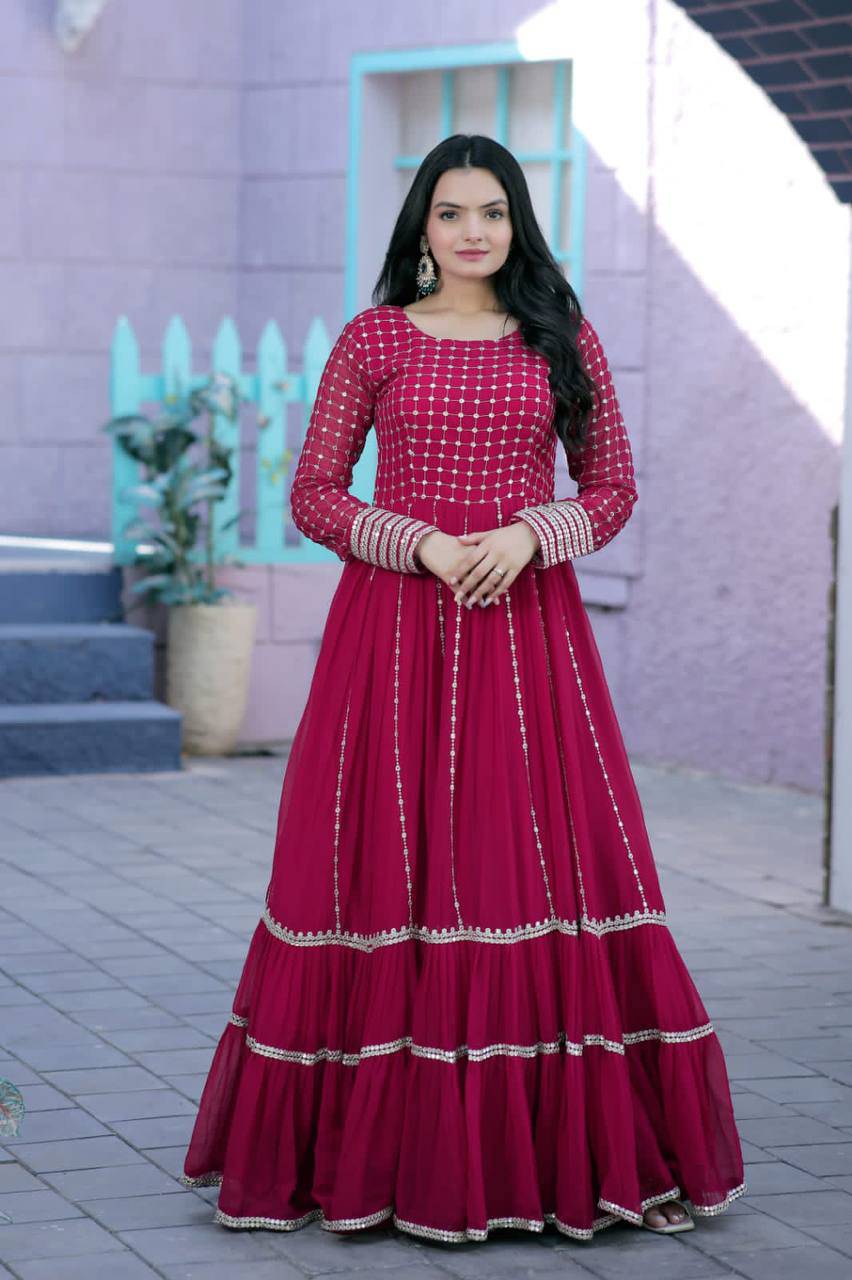 Fetching Faux Georgette Sequins Worked Designer Gown - Ethnicwish
