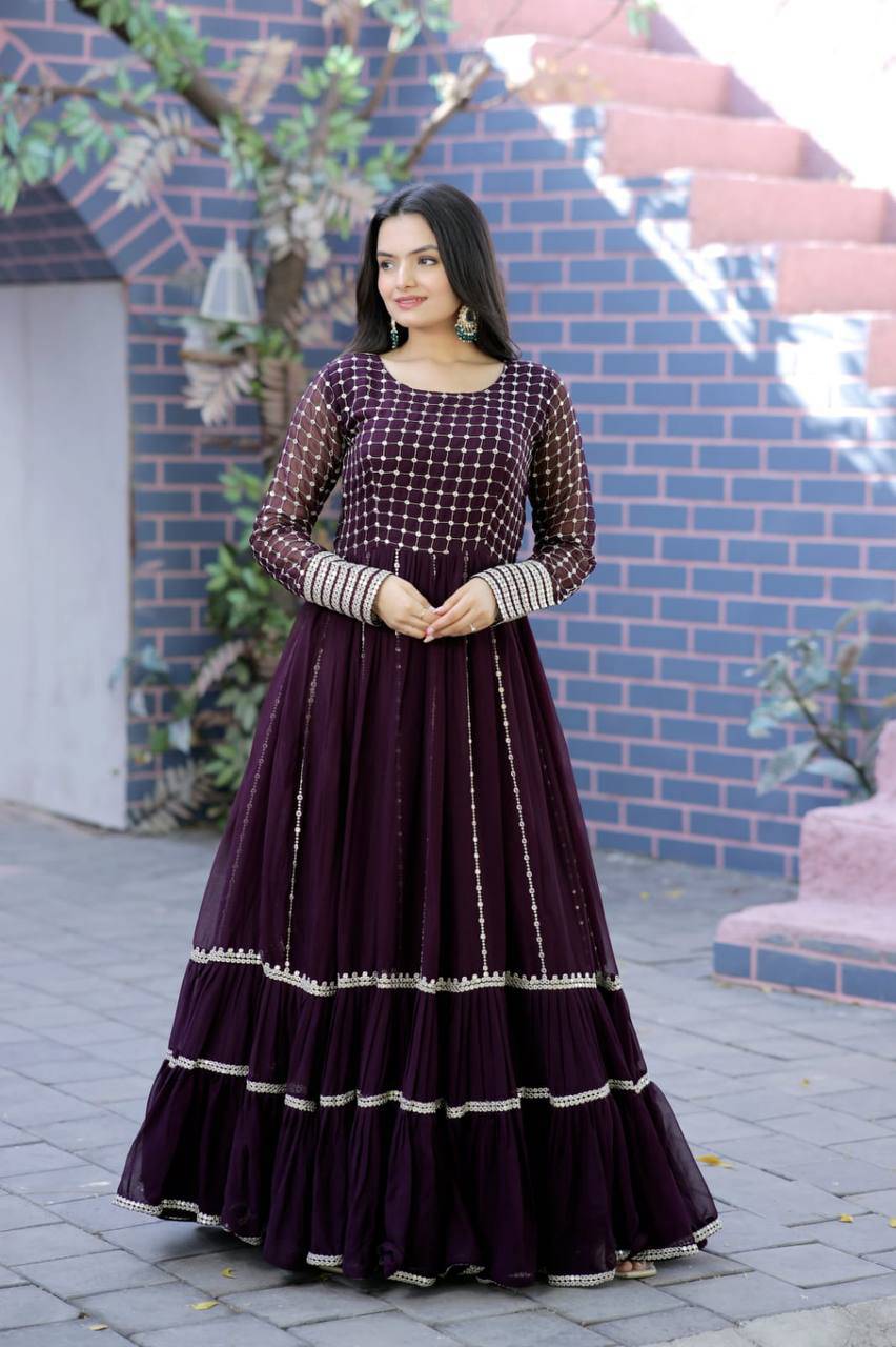 Fetching Faux Georgette Sequins Worked Designer Gown - Ethnicwish