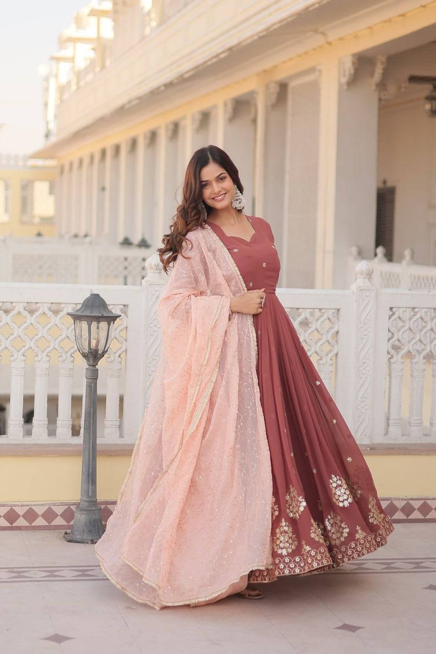 Delicate Brown Faux Georgette Zari Sequins Worked Gown - Ethnicwish