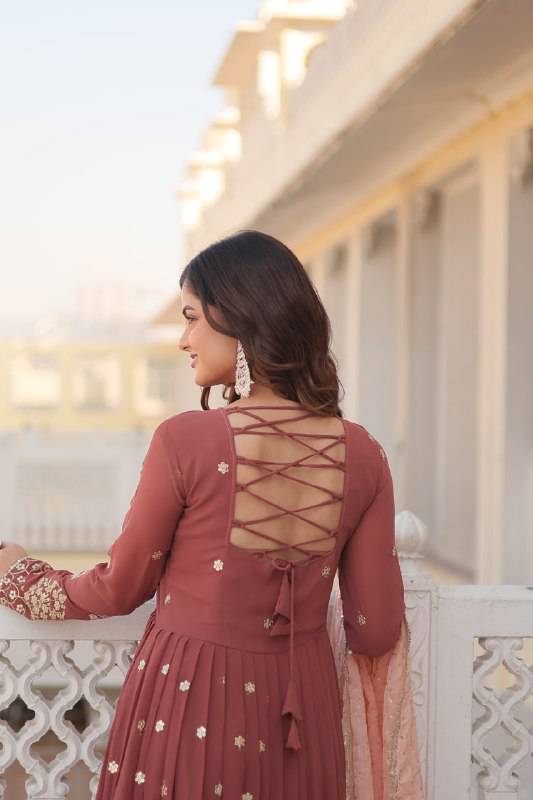 Delicate Brown Faux Georgette Zari Sequins Worked Gown - Ethnicwish