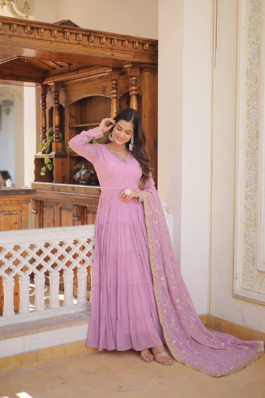 Splendid Faux Georgette Embroidered Designer Gown With Dupatta - Ethnicwish