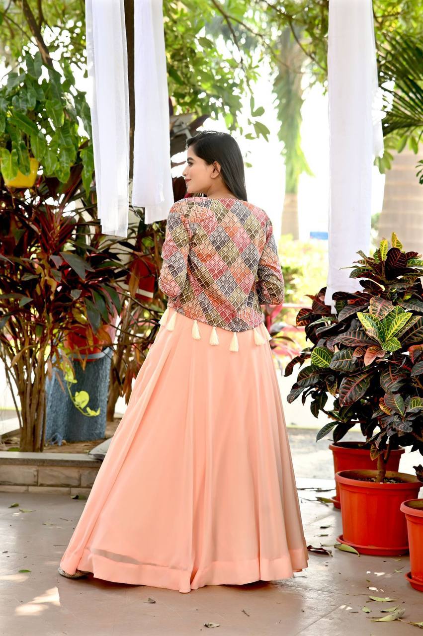Peach Floral Sequins Embroidered Koti Blouse Lehenga Set - Ethnicwish