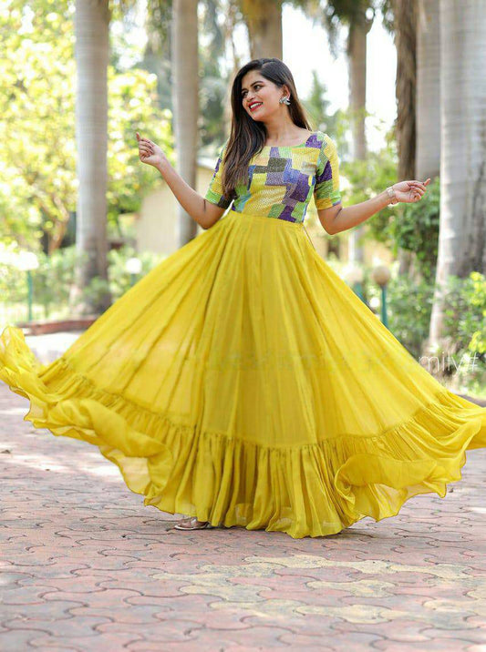 Resplendent Yellow Faux Georgette Fully Stitched Gown - Ethnicwish