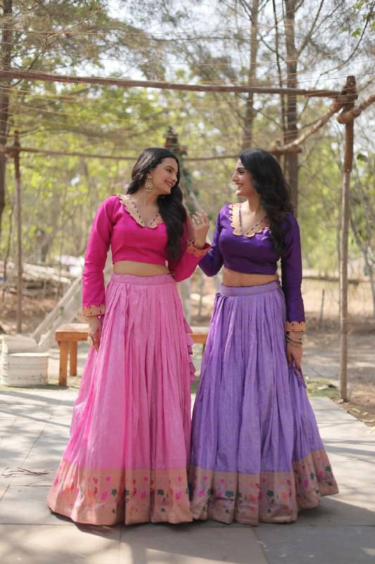 Chic Viscose Jacquard Zari Border Worked Fully Stitched Lehenga Choli - Ethnicwish