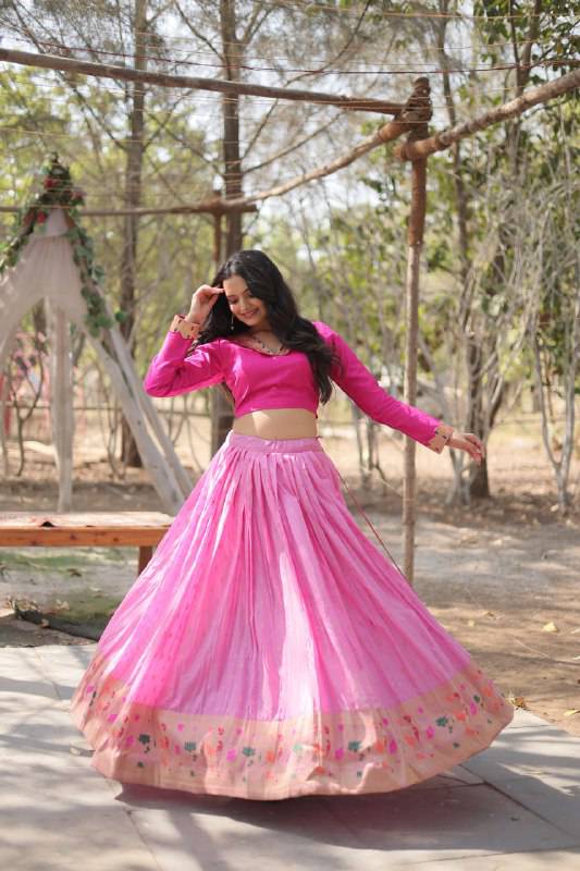 Chic Viscose Jacquard Zari Border Worked Fully Stitched Lehenga Choli - Ethnicwish